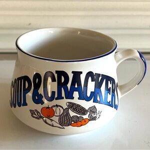Vintage PMC Soup & Crackers Ceramic Soup Mug White Blue W/Handles 1980’s